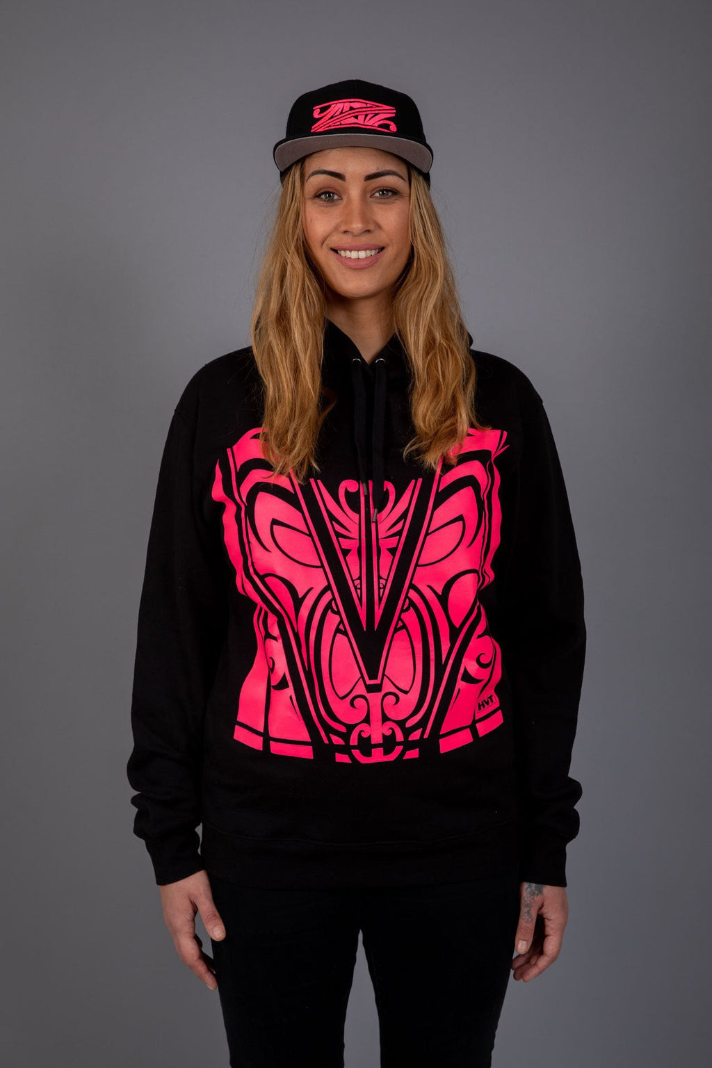 Maori Unisex Hoodie Navy with Pink Fluro